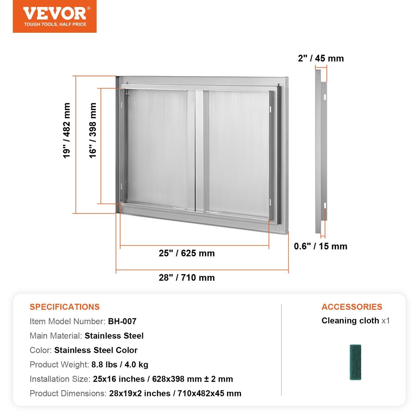 BBQ access door, 710x482 mm double outdoor kitchen door, stainless steel recessed door, vertical wall door with recessed handles, for BBQ Island, grill station, outdoor cabinet