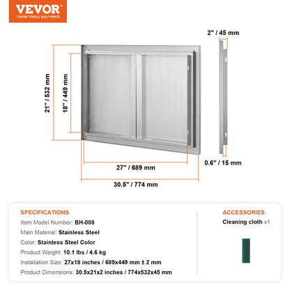 BBQ-Zugangstür, 774x532 mm Doppelte Außenküchentür, Edelstahl-Einbautür, Vertikale Wandtür mit eingelassenen Griffen, für BBQ-Insel, Grillstation, Außenschrank