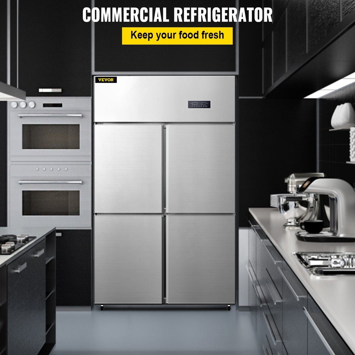Commercial Reach-in Refrigerator, 4-Door Upright Beverage Cooler, 27.5 Cu.Ft Side by Side Freezer, Stainless Steel Merchandiser Refrigerator, Commercial Food Service Refrigerator for Snacks and Beverages, Silver