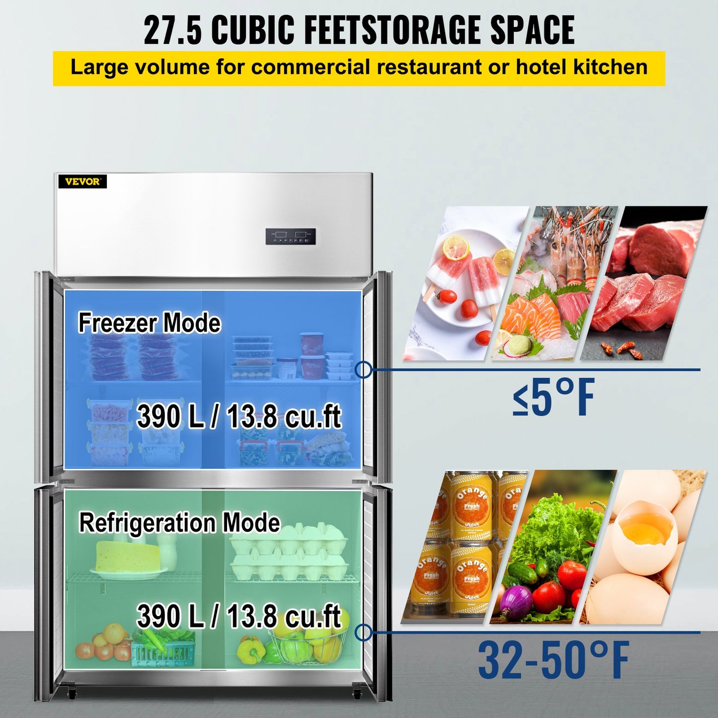 Commercial Reach-in Refrigerator, 4-Door Upright Beverage Cooler, 27.5 Cu.Ft Side by Side Freezer, Stainless Steel Merchandiser Refrigerator, Commercial Food Service Refrigerator for Snacks and Beverages, Silver