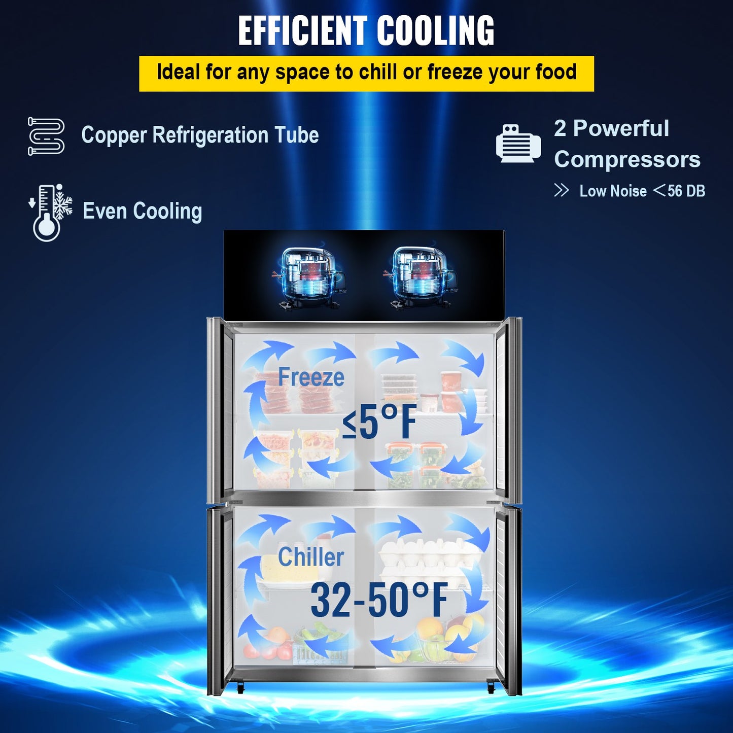 Commercial Reach-in Refrigerator, 4-Door Upright Beverage Cooler, 27.5 Cu.Ft Side by Side Freezer, Stainless Steel Merchandiser Refrigerator, Commercial Food Service Refrigerator for Snacks and Beverages, Silver