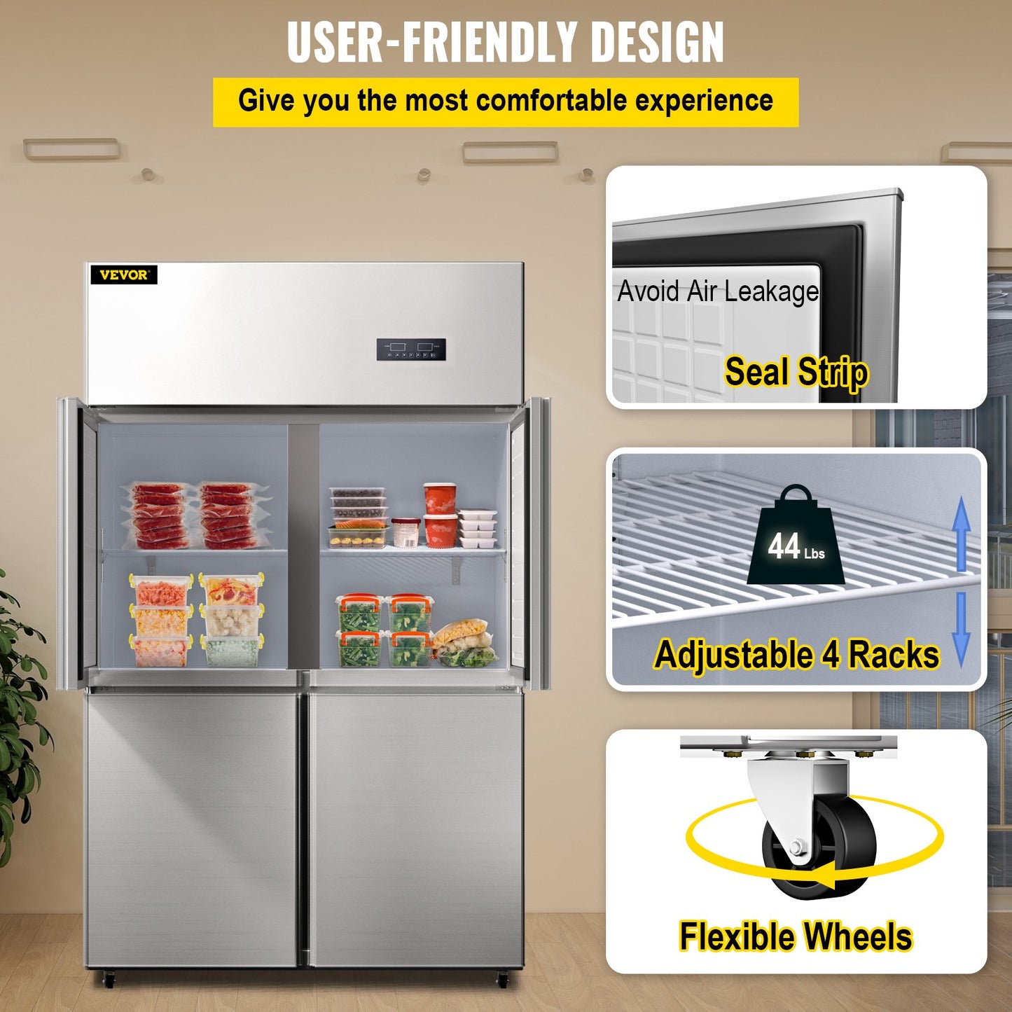 Commercial Reach-in Refrigerator, 4-Door Upright Beverage Cooler, 27.5 Cu.Ft Side by Side Freezer, Stainless Steel Merchandiser Refrigerator, Commercial Food Service Refrigerator for Snacks and Beverages, Silver