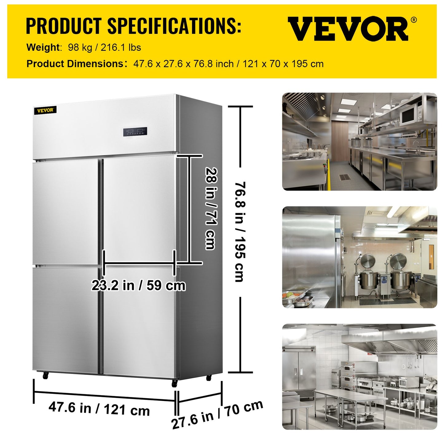 Commercial Reach-in Refrigerator, 4-Door Upright Beverage Cooler, 27.5 Cu.Ft Side by Side Freezer, Stainless Steel Merchandiser Refrigerator, Commercial Food Service Refrigerator for Snacks and Beverages, Silver