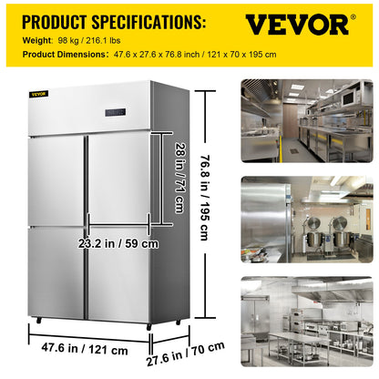 Commercial Reach-in Refrigerator, 4-Door Upright Beverage Cooler, 27.5 Cu.Ft Side by Side Freezer, Stainless Steel Merchandiser Refrigerator, Commercial Food Service Refrigerator for Snacks and Beverages, Silver