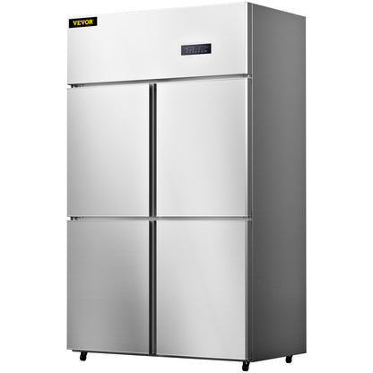 Commercial Reach-in Refrigerator, 4-Door Upright Beverage Cooler, 27.5 Cu.Ft Side by Side Freezer, Stainless Steel Merchandiser Refrigerator, Commercial Food Service Refrigerator for Snacks and Beverages, Silver