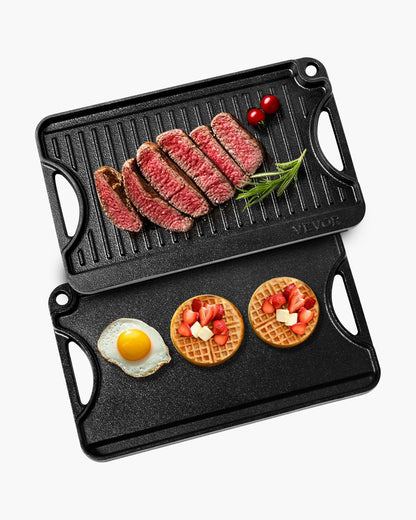 14x8,5 Zoll Wendegrill, vorgewürzte BBQ-Pfanne, Gusseisen, Schwarz