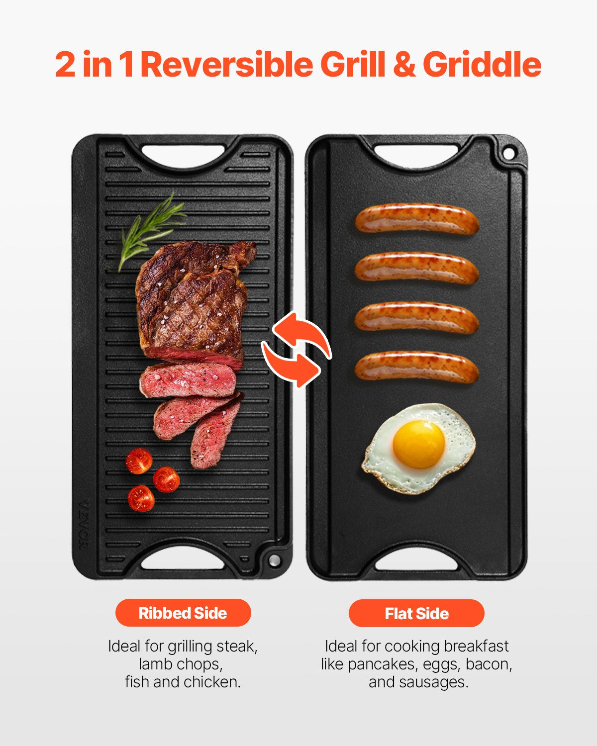 20x10 in Reversible Barbecue Grill Pre-Seasoned BBQ Pan Cast Iron Black