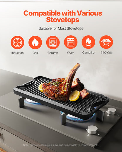 20x10 in Reversible Barbecue Grill Pre-Seasoned BBQ Pan Cast Iron Black