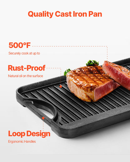 20x10 in Reversible Barbecue Grill Pre-Seasoned BBQ Pan Cast Iron Black