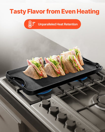 20x10 in Reversible Barbecue Grill Pre-Seasoned BBQ Pan Cast Iron Black