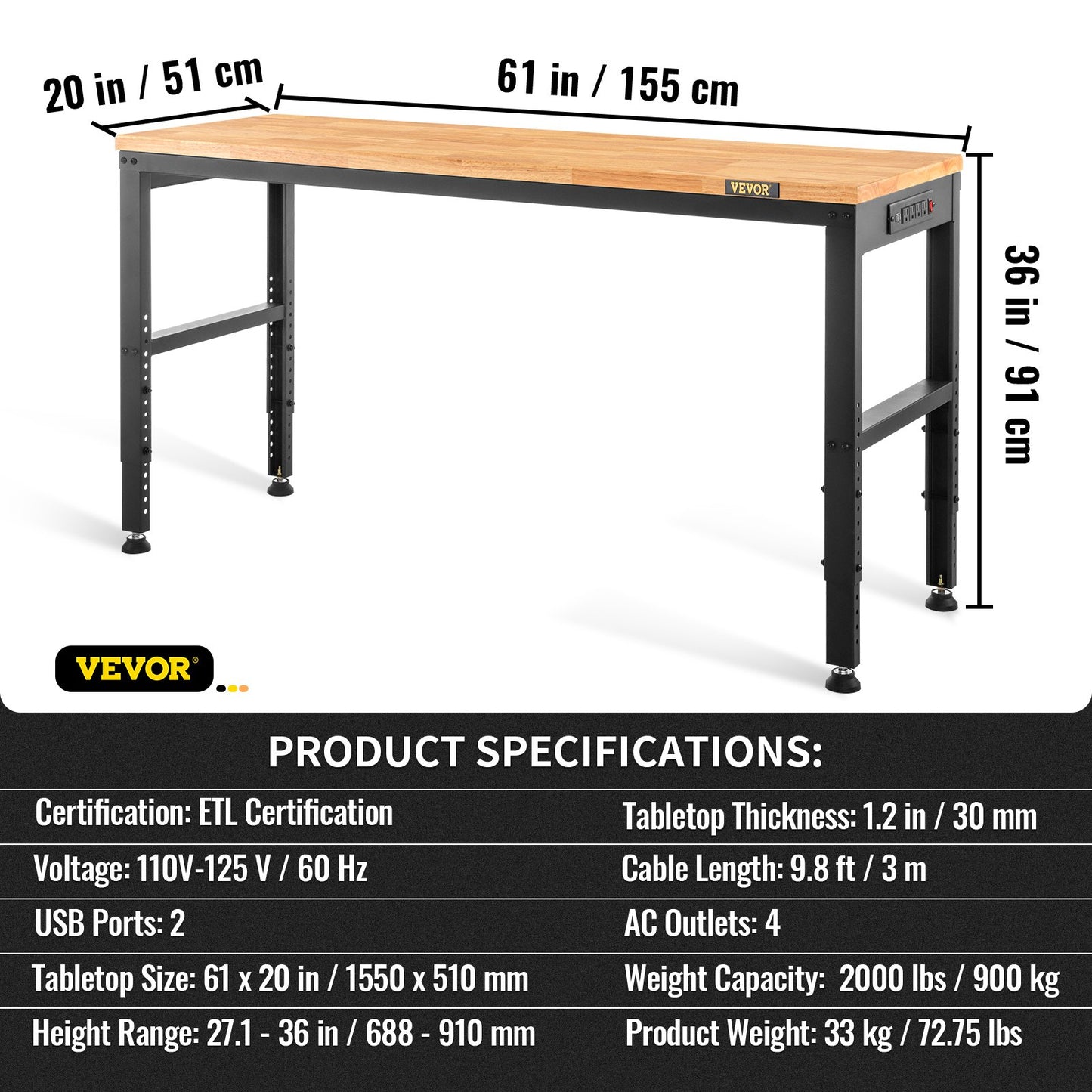 Arbetsbänk med justerbar höjd 61"L x 20"W Arbetsbänksbord med eluttag