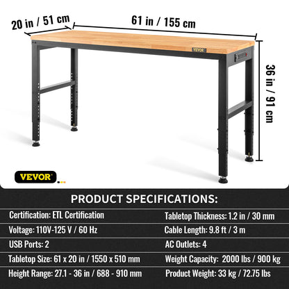 Arbetsbänk med justerbar höjd 61"L x 20"W Arbetsbänksbord med eluttag