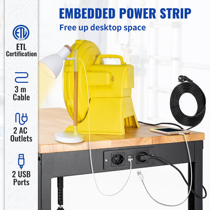 Werkbank, höhenverstellbar, 122 cm B x 61 cm T x 97 cm H. Garagentisch mit 72 – 97 cm Höhe und 900 kg Tragkraft, mit Steckdose und Hartholzplatte und Metallrahmen und Fußpolstern, für Büro und Zuhause