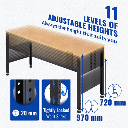 Werkbank, höhenverstellbar, 135 cm B x 46 cm T x 97 cm H. Garagentisch mit 72 – 97 cm Höhe und 900 kg Tragkraft, mit Steckdose und Hartholzplatte und Metallrahmen und Fußpolstern, für Büro und Zuhause