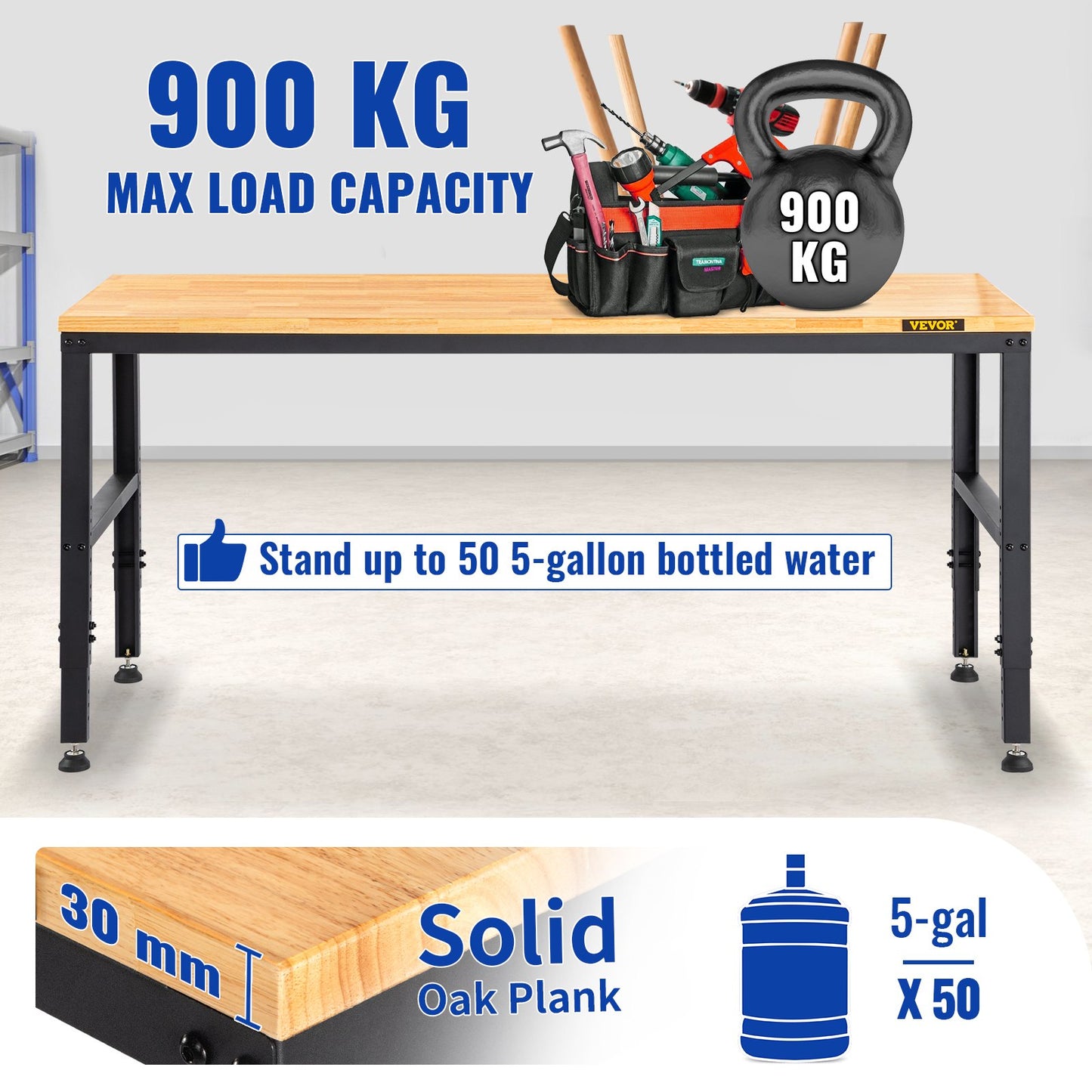 Werkbank, höhenverstellbar, 135 cm B x 46 cm T x 97 cm H. Garagentisch mit 72 – 97 cm Höhe und 900 kg Tragkraft, mit Steckdose und Hartholzplatte und Metallrahmen und Fußpolstern, für Büro und Zuhause