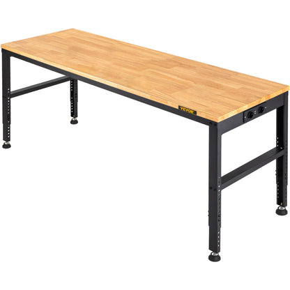 Werkbank, höhenverstellbar, 135 cm B x 46 cm T x 97 cm H. Garagentisch mit 72 – 97 cm Höhe und 900 kg Tragkraft, mit Steckdose und Hartholzplatte und Metallrahmen und Fußpolstern, für Büro und Zuhause