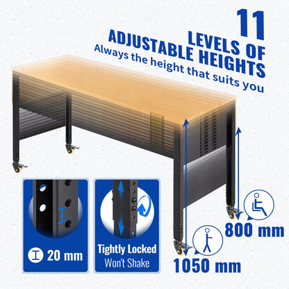 Arbetsbänk justerbar höjd, 155 x 51 cm garagebord med 80 – 105 cm höjder & 720 kg kapacitet, med eluttag & lövträskiva & metallram & svängbara hjul, för kontorshemverkstad