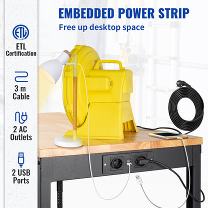 Arbetsbänk justerbar höjd, 155 x 51 cm garagebord med 80 – 105 cm höjder & 720 kg kapacitet, med eluttag & lövträskiva & metallram & svängbara hjul, för kontorshemverkstad