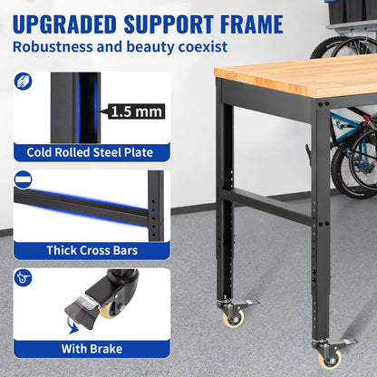 Arbetsbänk justerbar höjd, 155 x 51 cm garagebord med 80 – 105 cm höjder & 720 kg kapacitet, med eluttag & lövträskiva & metallram & svängbara hjul, för kontorshemverkstad