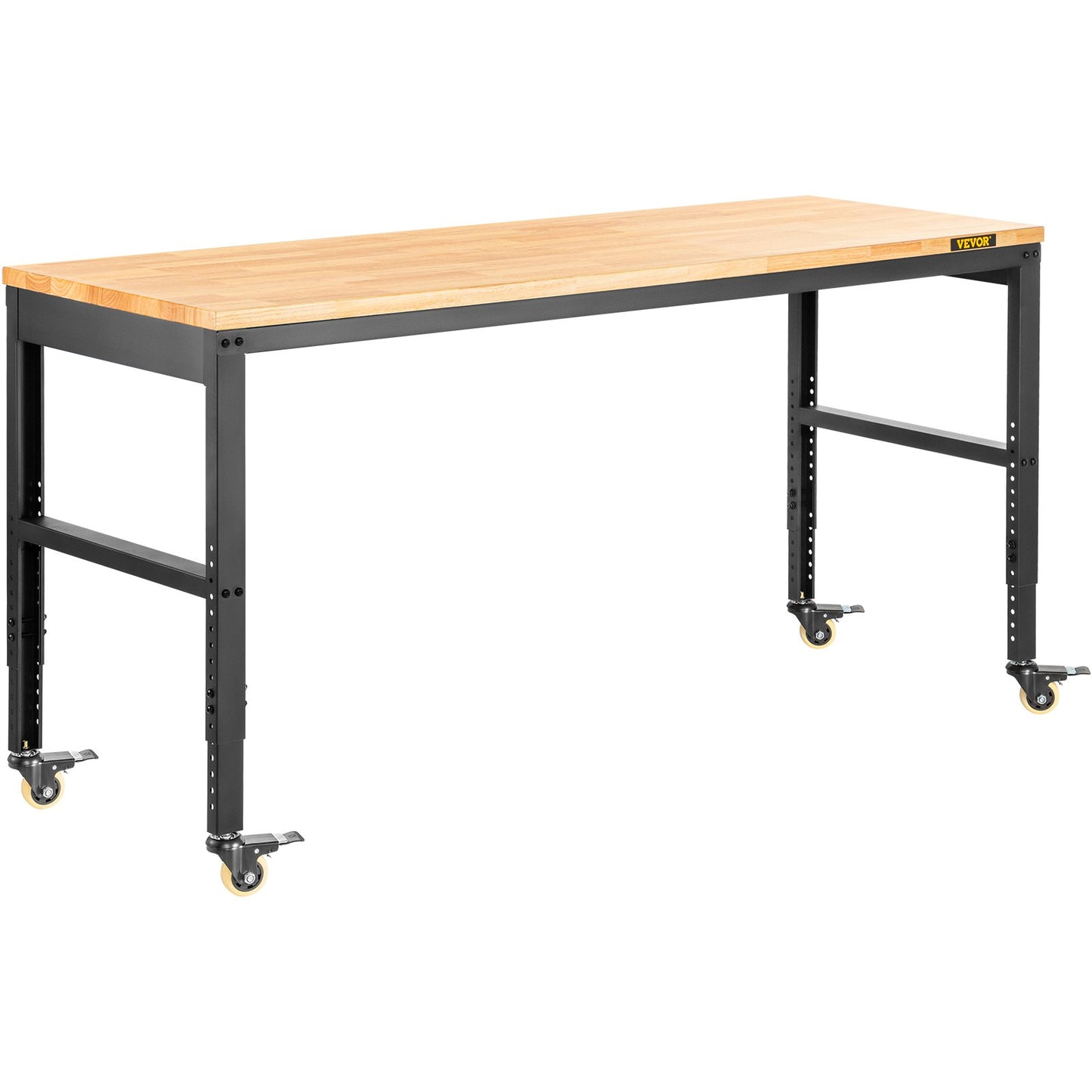 Arbetsbänk justerbar höjd, 155 x 51 cm garagebord med 80 – 105 cm höjder & 720 kg kapacitet, med eluttag & lövträskiva & metallram & svängbara hjul, för kontorshemverkstad