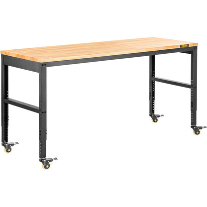 Arbetsbänk justerbar höjd, 155 x 51 cm garagebord med 80 – 105 cm höjder & 720 kg kapacitet, med eluttag & lövträskiva & metallram & svängbara hjul, för kontorshemverkstad