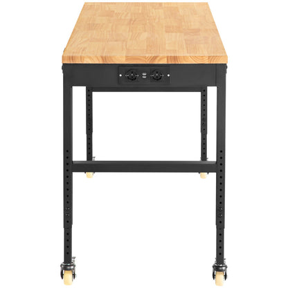 Arbetsbänk justerbar höjd, 155 x 51 cm garagebord med 80 – 105 cm höjder & 720 kg kapacitet, med eluttag & lövträskiva & metallram & svängbara hjul, för kontorshemverkstad
