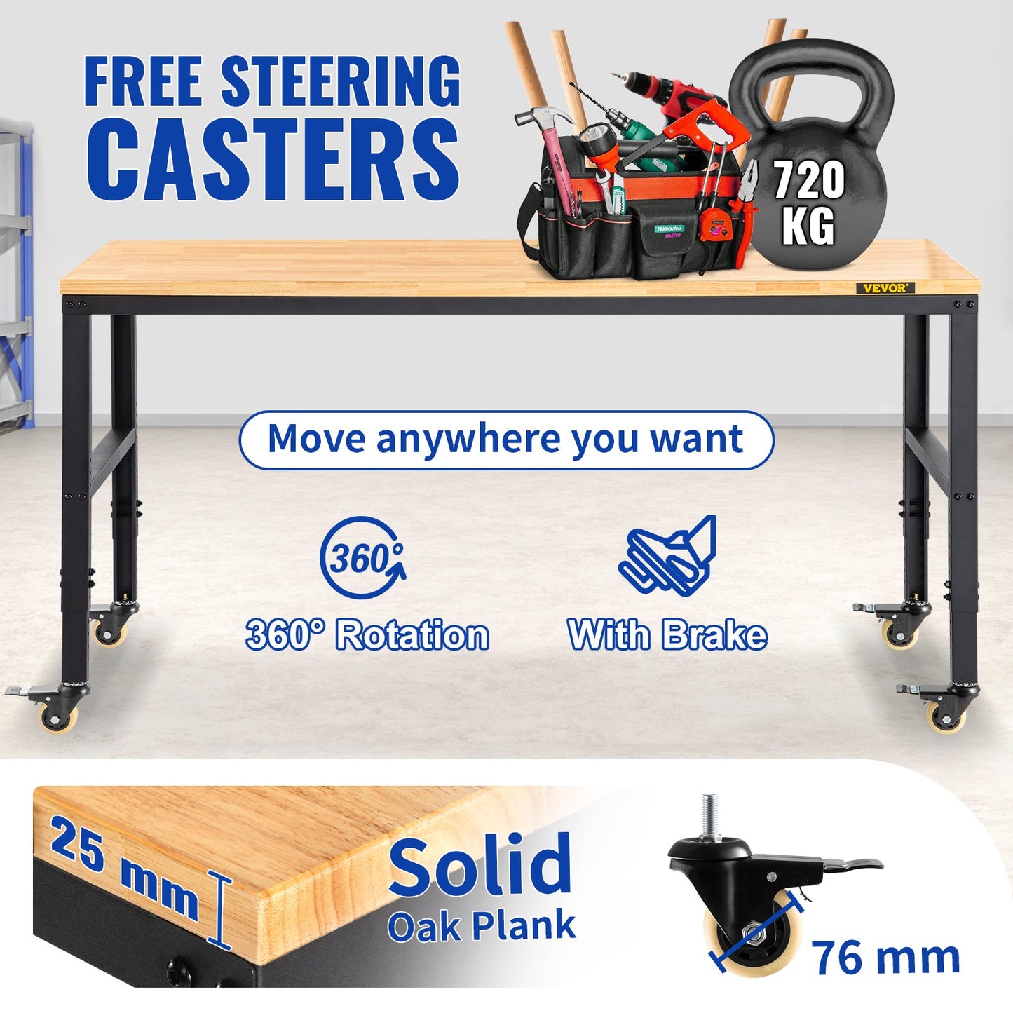 Arbetsbänk Justerbar höjd, 122 cm BX 61 cm DX 104 cm H Garagebord med 79 – 104 cm höjder & 720 kg kapacitet, med eluttag & lövträskiva & metallram & svängbara hjul, för kontorshem