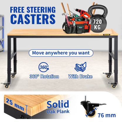 Arbetsbänk Justerbar höjd, 122 cm BX 61 cm DX 104 cm H Garagebord med 79 – 104 cm höjder & 720 kg kapacitet, med eluttag & lövträskiva & metallram & svängbara hjul, för kontorshem