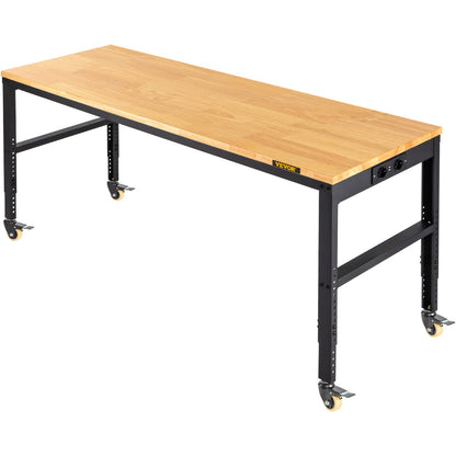 Arbetsbänk Justerbar höjd, 122 cm BX 61 cm DX 104 cm H Garagebord med 79 – 104 cm höjder & 720 kg kapacitet, med eluttag & lövträskiva & metallram & svängbara hjul, för kontorshem