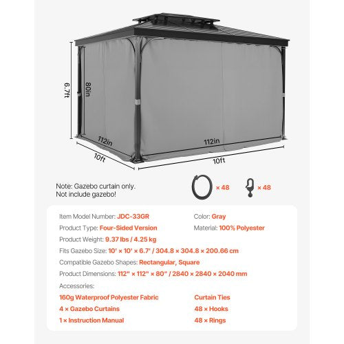 Gazebo Privacy Curtain 10' x 10' x 6.7' Waterproof Gazebo Curtains Gray | EU