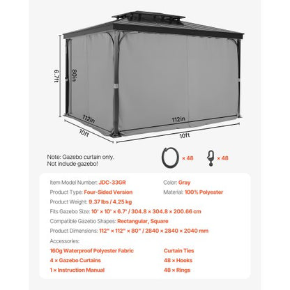 Gazebo Privacy Curtain 10' x 10' x 6.7' Waterproof Gazebo Curtains Gray | EU