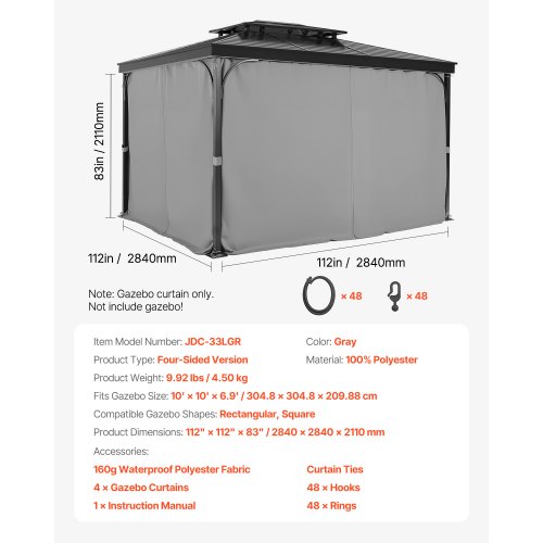 Gazebo Privacy Curtain 10' x 10' x 6.9' Waterproof Gazebo Curtains Gray | EU