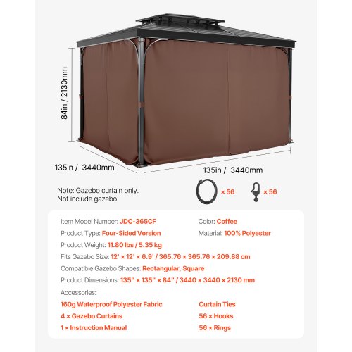 Gazebo Privacy Curtain 12' x 12' x 6.9' Waterproof Gazebo Curtains Coffee | EU