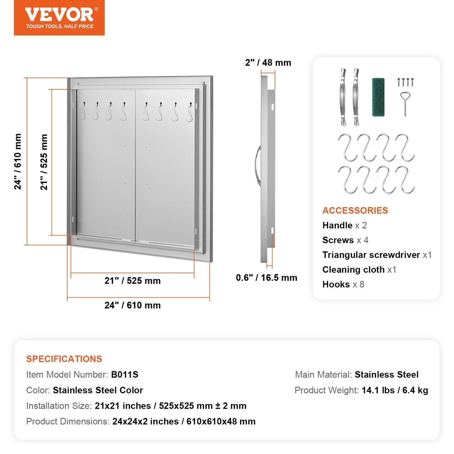 BBQ Access-dörr, 610x610 mm dubbel utomhusköksdörr, infälld dörr i rostfritt stål, dubbelvägg vertikal dörr med handtag och krokar, för BBQ Island, grillstation, ytterskåp