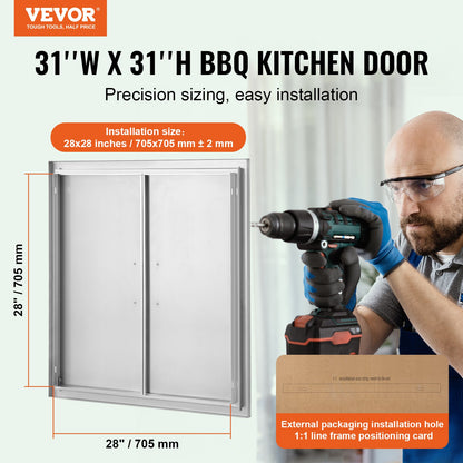 BBQ-åtkomstdörr, 790x790 mm dubbel utomhusköksdörr, infälld dörr i rostfritt stål, vertikal väggdörr med handtag, för BBQ Island, grillstation, ytterskåp