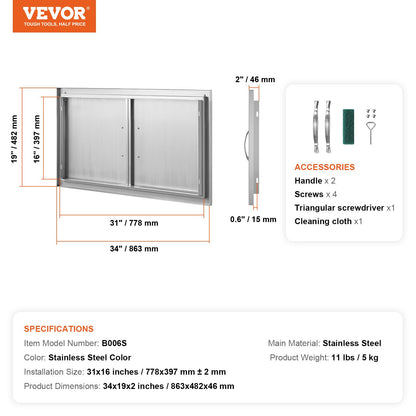 BBQ-åtkomstdörr, 863x482 mm dubbel utomhusköksdörr, infälld dörr i rostfritt stål, vertikal väggdörr med handtag, för BBQ Island, grillstation, ytterskåp