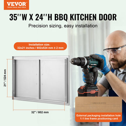 BBQ Access Door, 889x610mm Double Outdoor Kitchen Door, Stainless Steel Recessed Door, Vertical Wall Door with Handle, for BBQ Island, Grill Station, Outdoor Cabinet