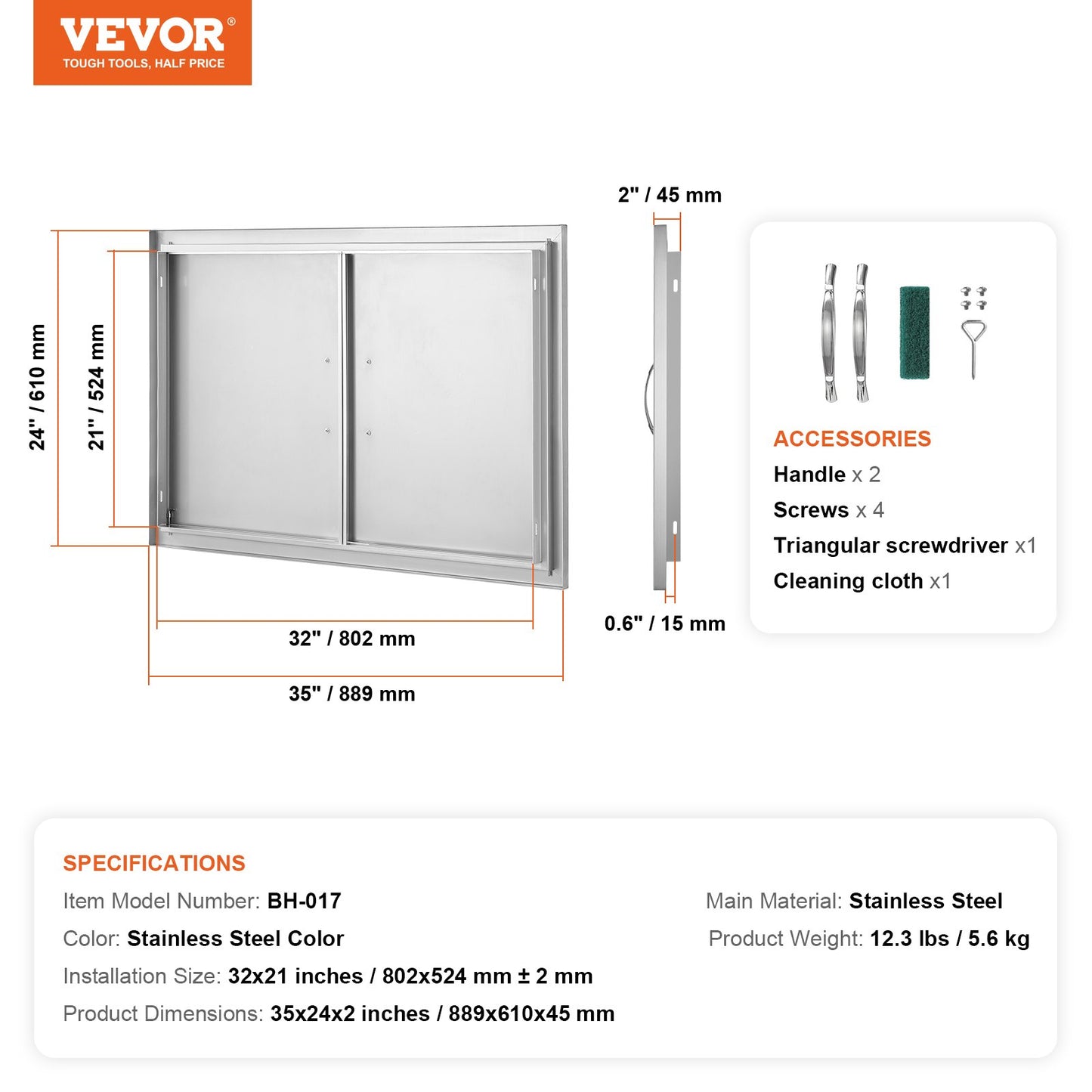 BBQ Access Door, 889x610mm Double Outdoor Kitchen Door, Stainless Steel Recessed Door, Vertical Wall Door with Handle, for BBQ Island, Grill Station, Outdoor Cabinet