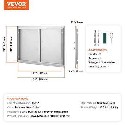 BBQ Access Door, 889x610mm Double Outdoor Kitchen Door, Stainless Steel Recessed Door, Vertical Wall Door with Handle, for BBQ Island, Grill Station, Outdoor Cabinet