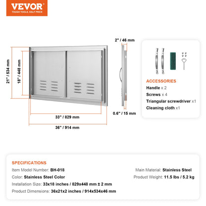 BBQ-Zugangstür, 914x534 mm Doppelte Außenküchentür, Edelstahl-Einbautür, Vertikale Wandtür mit Griff und Lüftungsschlitzen, für BBQ-Insel, Grillstation, Außenschrank