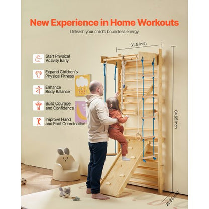 Svenskt Stege Vägggym, 8-i-1 15 nivåer massivt trä inomhus klättergym, 220lbs väggbåsstänger klätterlekset med väggstege, glidbräda, pull-up-stång, gymringar, gungstol, repstege |  EU