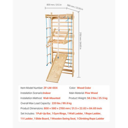 Svenskt Stege Vägggym, 8-i-1 15 nivåer massivt trä inomhus klättergym, 220lbs väggbåsstänger klätterlekset med väggstege, glidbräda, pull-up-stång, gymringar, gungstol, repstege |  EU