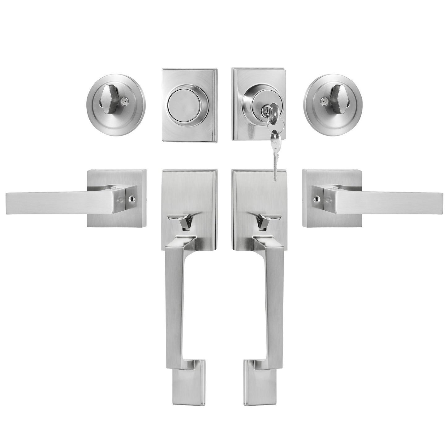 Doppeltürgriff-Set, Doppeltürschloss-Set mit umkehrbarem Griffhebel, quadratischer Türhebel aus satiniertem Nickel, robustes Doppeltürgriff-Set für die Vordertür mit Attrappe, für die Vordertür oder Bürotür