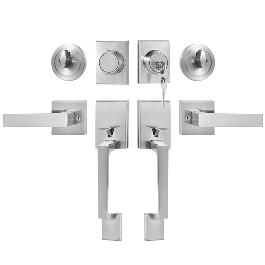 Dubbeldörrhandtagssats, dubbeldörrlåssats med vändbar handtagsspak, fyrkantig dörrspak i satinnickel, Heavy Duty dubbla framdörrshandtagssats med dummy, för ytterdörr eller kontorsdörr