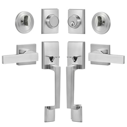 Doppeltürgriff-Set, Doppeltürschloss-Set mit umkehrbarem Griffhebel, quadratischer Türhebel aus satiniertem Nickel, robustes Doppeltürgriff-Set für die Vordertür mit Attrappe, für die Vordertür oder Bürotür