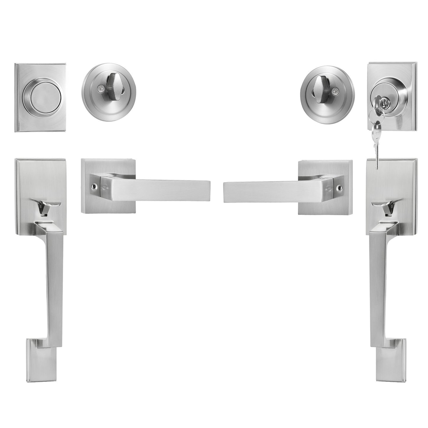 Doppeltürgriff-Set, Doppeltürschloss-Set mit umkehrbarem Griffhebel, quadratischer Türhebel aus satiniertem Nickel, robustes Doppeltürgriff-Set für die Vordertür mit Attrappe, für die Vordertür oder Bürotür