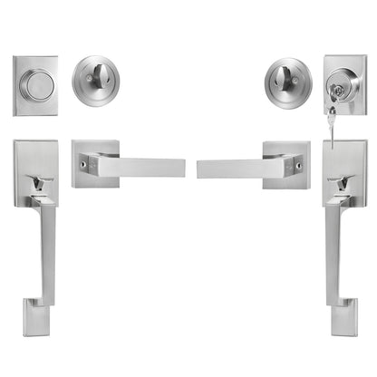 Doppeltürgriff-Set, Doppeltürschloss-Set mit umkehrbarem Griffhebel, quadratischer Türhebel aus satiniertem Nickel, robustes Doppeltürgriff-Set für die Vordertür mit Attrappe, für die Vordertür oder Bürotür