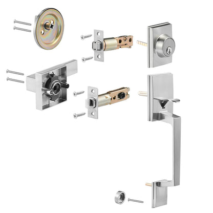 Doppeltürgriff-Set, Doppeltürschloss-Set mit umkehrbarem Griffhebel, quadratischer Türhebel aus satiniertem Nickel, robustes Doppeltürgriff-Set für die Vordertür mit Attrappe, für die Vordertür oder Bürotür