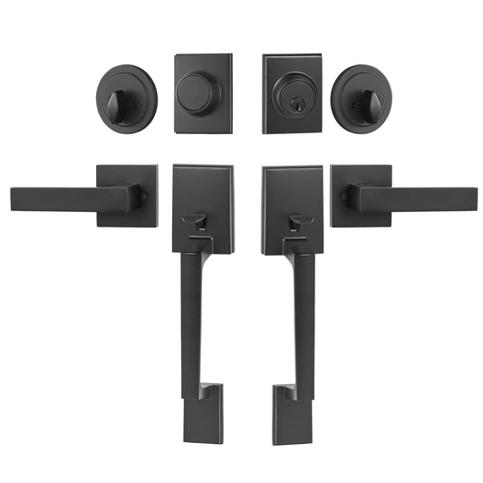 Dubbeldörrhandtagssats, mattsvart fyrkantig dörrhandtag, dubbel framdörrhandtagssats med vändbar handtagsspak, Heavy Duty dubbeldörrlåsset med dummy, för kontorsdörr eller ytterdörr