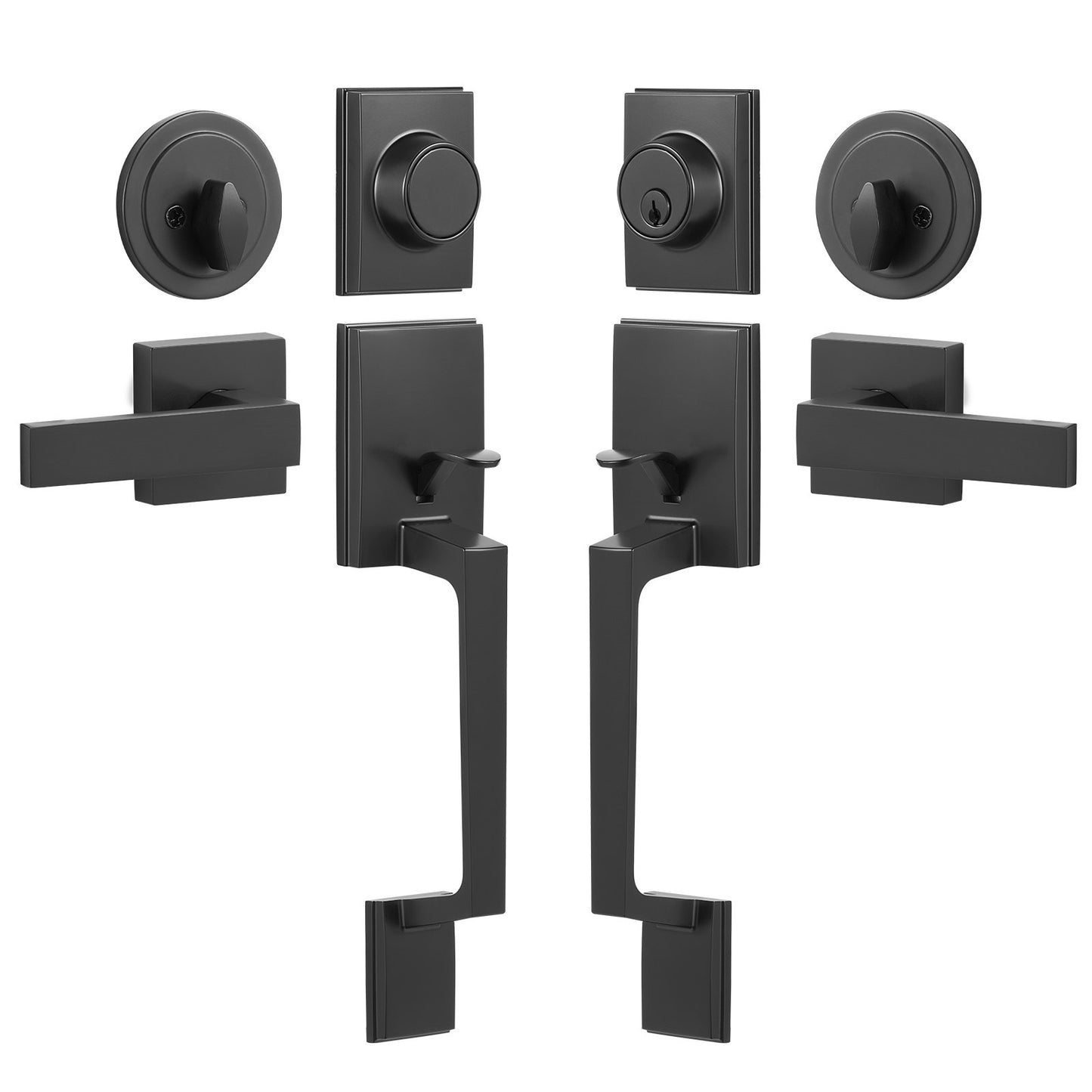 Dubbeldörrhandtagssats, mattsvart fyrkantig dörrhandtag, dubbel framdörrhandtagssats med vändbar handtagsspak, Heavy Duty dubbeldörrlåsset med dummy, för kontorsdörr eller ytterdörr